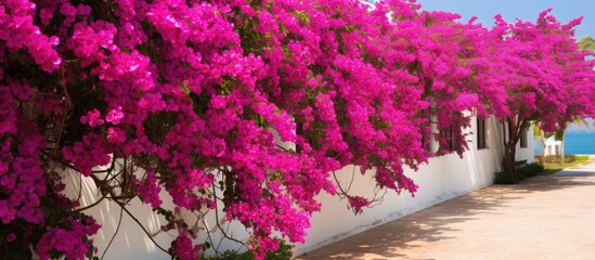 Pink flowered tree by white wall