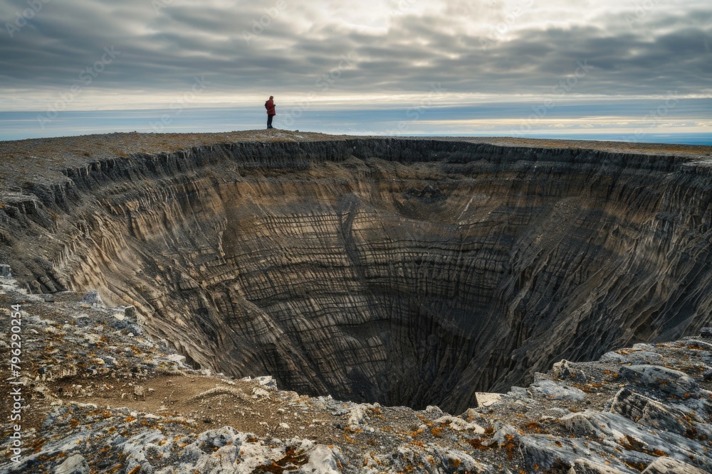 Poster a man standing on top of a large crater, suitable for various concepts and designs