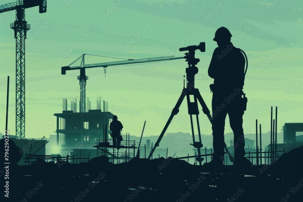 Aufkleber a man standing next to a camera on a tripod. ideal for photography and technology concepts