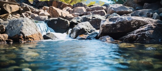 Fototapeta premium Water cascades over smooth rocks in stream