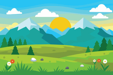 Cartoon flat panorama of spring summer beautiful nature, green grasslands meadow with mountains on horizon background, summer mountain landscape, dawn over the valley