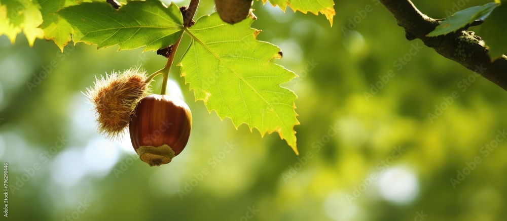 Aufkleber nut hanging from tree branch amid leaves