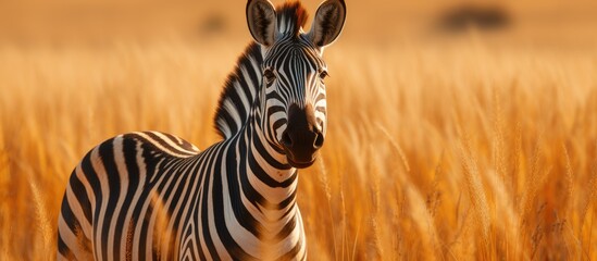 Naklejka premium Zebra in grassy field gazes at camera