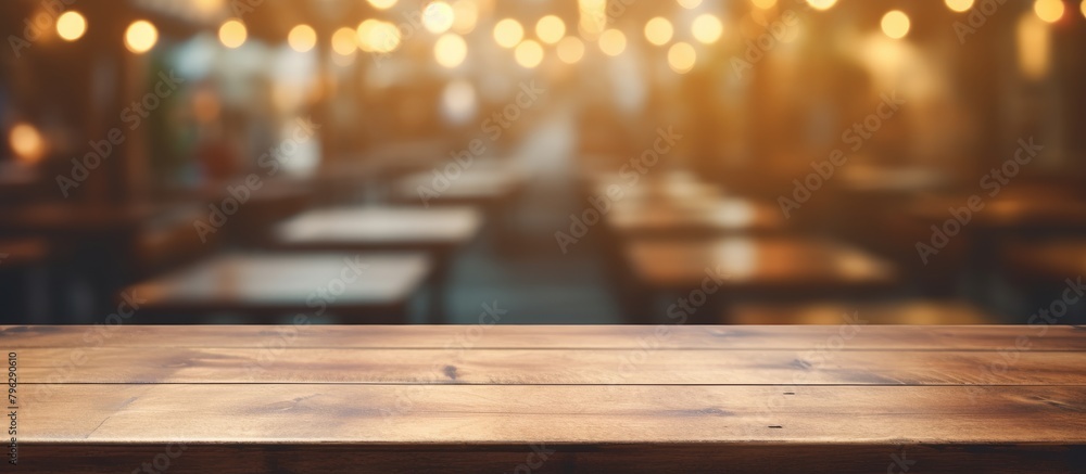 Poster wooden table top with soft lights in background