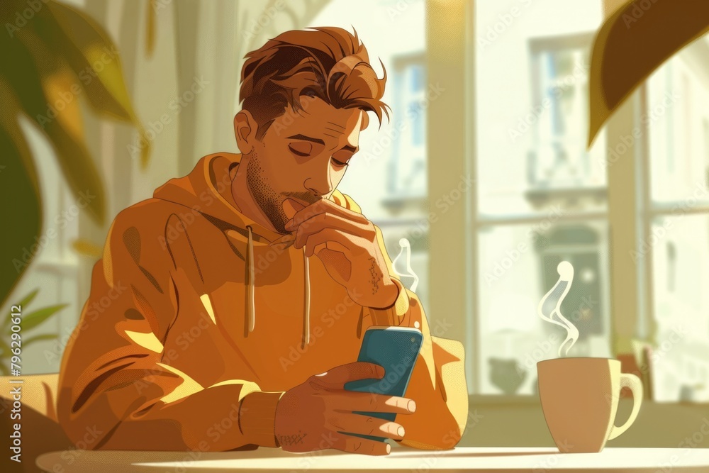 Poster a man sitting at a table looking at his cell phone. suitable for technology and communication concep