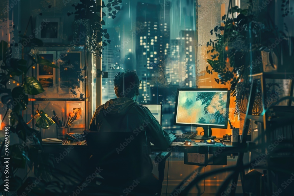 Aufkleber A man sitting at a desk in front of a computer. Suitable for business and technology concepts