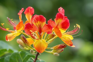 Fototapeta premium Mexican Bird of Paradise Flower Blooming in Brilliant Red and Yellow Colors - A Stunning Flora