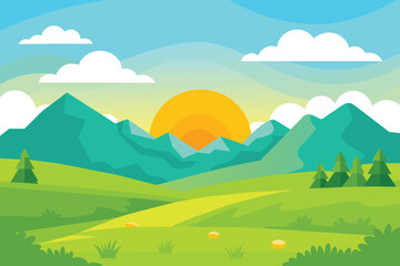 Fototapeta na wymiar Cartoon flat panorama of spring summer beautiful nature, green grasslands meadow with mountains on horizon background, summer mountain landscape, dawn over the valley