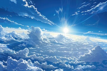 Bright sun shining over fluffy clouds in the sky, ideal for weather or nature concepts