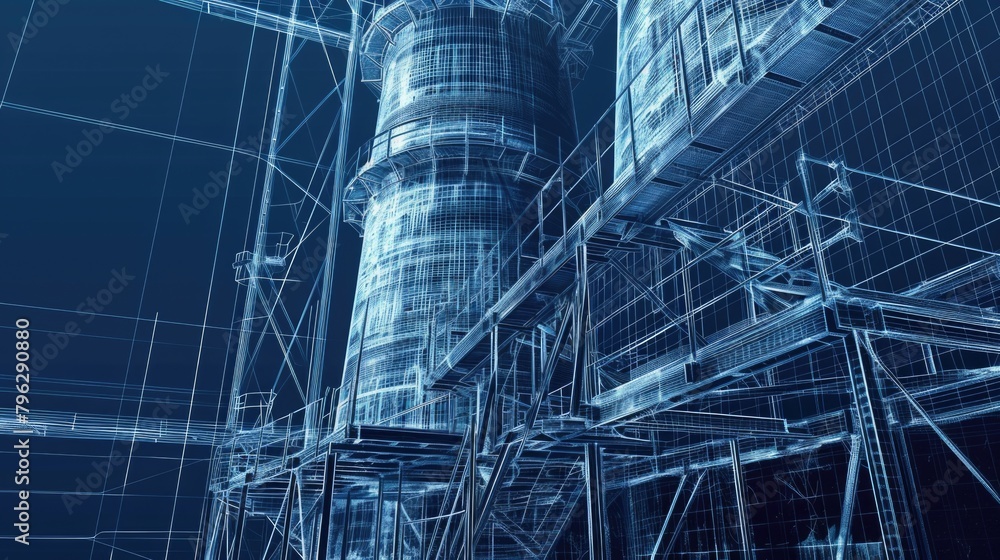 Poster Blueprint of a building under construction with scaffolding, suitable for construction industry projects