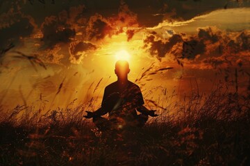 Sun Gazing: A Man Finding Energy and Freedom in Meditation During Sunset Amidst Nature and the Sky