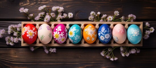 Naklejka premium Wooden box with painted eggs and flowers