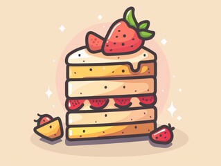 A delicious slice of cake topped with fresh strawberries, a happy combination of food and fruit. The rectangular dessert looks like a cartoon drawing with vibrant colors and a plantbased theme