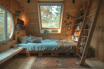 A cozy loft bedroom with a ladder leading up to a skylight.