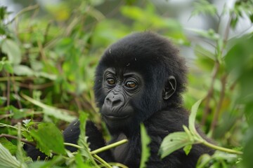 Gorilla Baby in the Wild. Adorable Baby Gorilla with Family in National Park