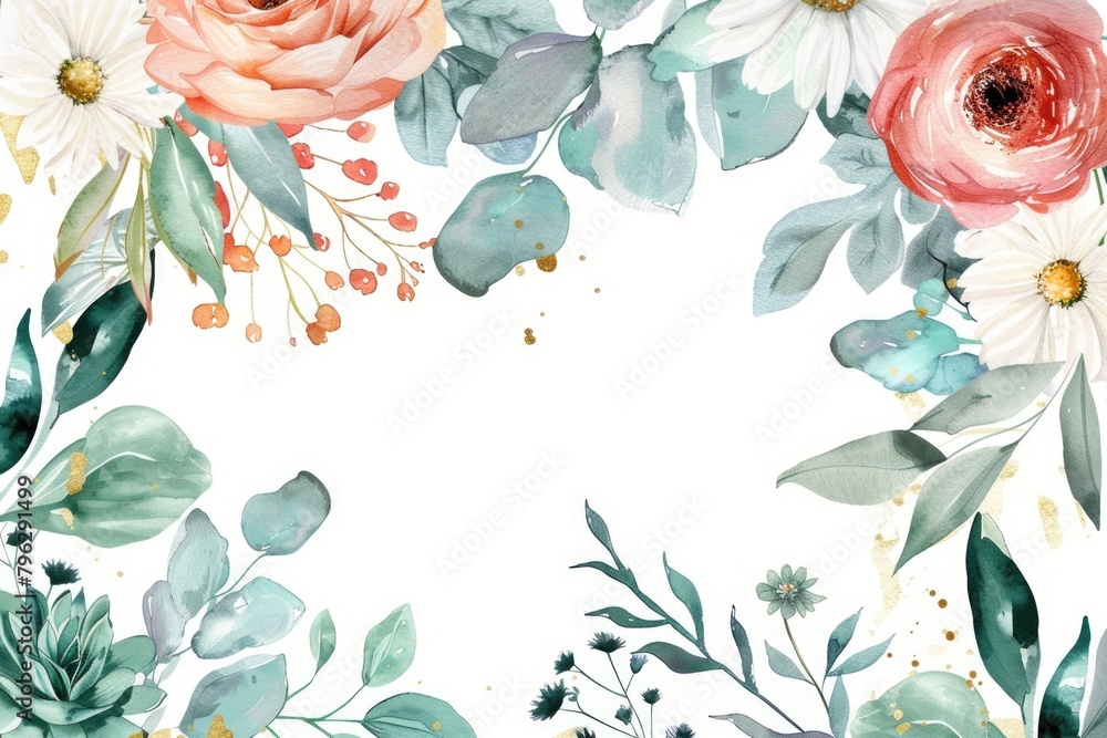Poster beautiful watercolor floral frame on a white background, perfect for adding a touch of elegance to a