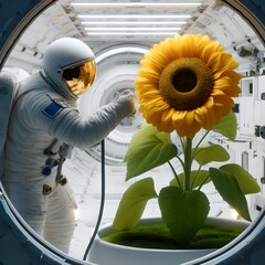 Astronaut Watering Sunflower in Space Station - obrazy, fototapety, plakaty