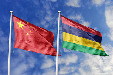 3d illustration. China and Mauritius Flag waving in sky. High detailed waving flag. 3D render. Waving in sky. Flags fluttered in the cloudy sky.