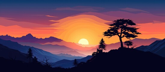 Sunset over mountain with lone tree - obrazy, fototapety, plakaty