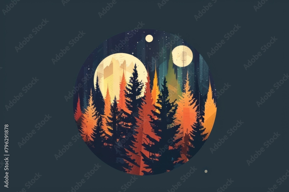 Poster a painting of a forest with a full moon in the background. suitable for nature and fantasy themes