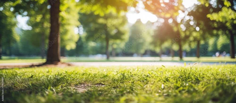 Poster Grassy field closeup with distant trees