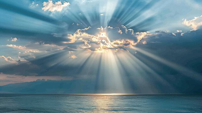 Crepuscular Rays at Tyrrhenian Sea during Sunrise/Sunset/Dusk/Dawn - Jacob's Ladder, Blue Clouds
