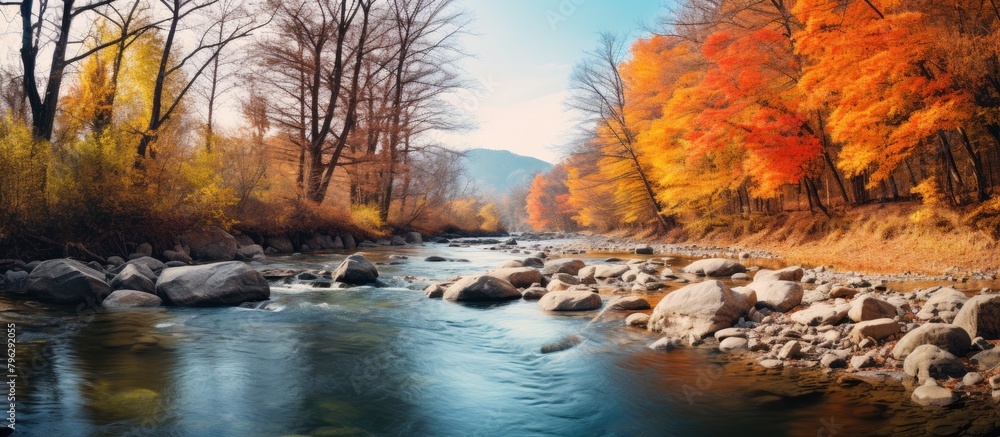 Poster a serene river scene with rocks and trees in view