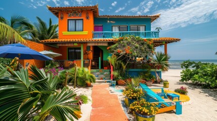 vibrant beach house with colorful  and a direct path to the sandy shore. 