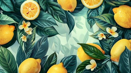 A whimsical handdrawn illustration featuring vibrant lemons and lush green leaves, adding a touch of cheerfulness and zest 8K , high-resolution, ultra HD,up32K HD - obrazy, fototapety, plakaty