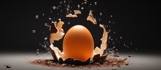 An egg cracking into fragmented shell, water splashes out - obrazy, fototapety, plakaty