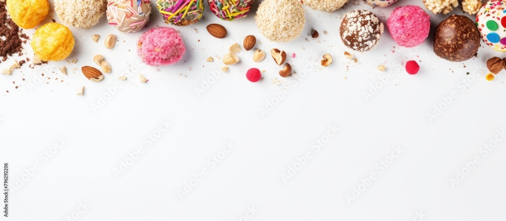 Poster different doughnuts variety spread out on table