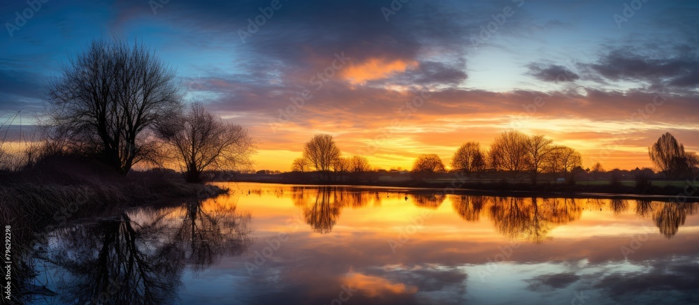 Poster a lake surrounded by trees under a setting sun