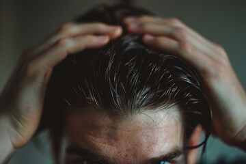 Naklejka premium Close up image of hands touch hair created with generative ai concept