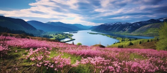 Majestic lake encompassed by towering mountains and a verdant meadow