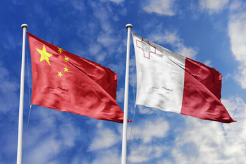 3d illustration. China and Malta Flag waving in sky. High detailed waving flag. 3D render. Waving in sky. Flags fluttered in the cloudy sky.