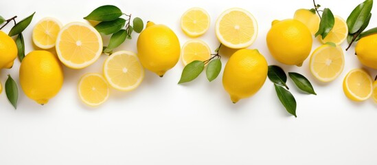 Group of fresh lemons with green leaves on white background