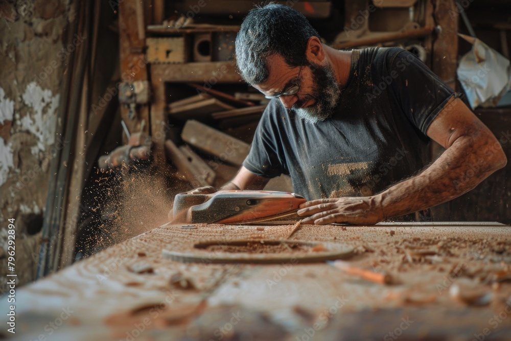 Poster a man working on a piece of wood with a planer. suitable for woodworking and carpentry projects