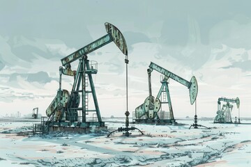 Oil pumps in a snowy field, suitable for energy industry concepts - obrazy, fototapety, plakaty