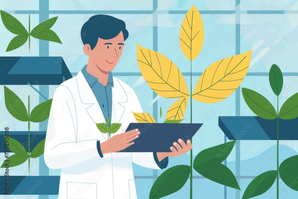 Poster a man in a lab coat holding a tablet computer. ideal for scientific research concepts