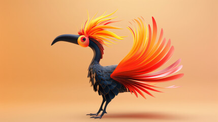 A stunning 3D rendered bird with vibrant orange and red plumage, standing out on a warm orange background.