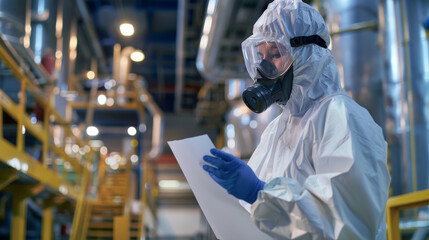 Scientist in hazmat suit reviewing data in an industrial facility