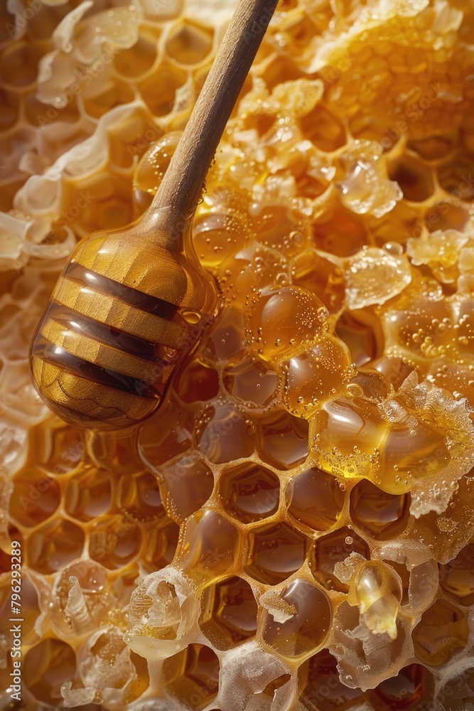 Poster a pile of honeycombs with a wooden spoon. suitable for food and nature concepts