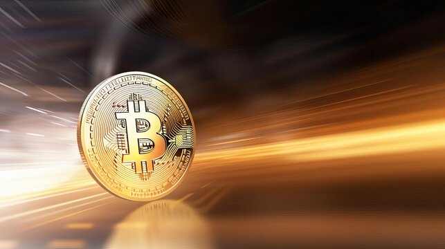 Create a visually compelling motion blur effect with a single Bitcoin coin representing the future potential and growth of the market