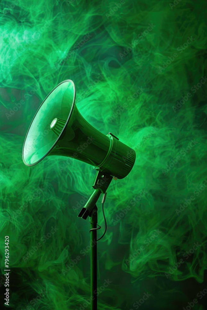 Poster a mysterious room filled with green smoke, illuminated by a green light. suitable for various concep