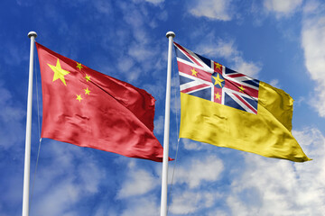 3d illustration. China and Niue Flag waving in sky. High detailed waving flag. 3D render. Waving in sky. Flags fluttered in the cloudy sky.