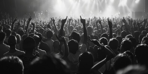 Fototapeta na wymiar A black and white photo of a crowded concert venue. Suitable for music events promotion