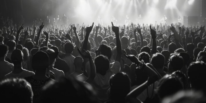 Fototapeta A black and white photo of a crowded concert venue. Suitable for music events promotion