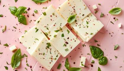 Fototapeta premium Slices of tasty processed cheese with herbs on pink tile background