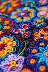 Detailed close up of a colorful embroidered design. Perfect for textile or fashion projects