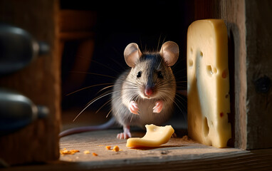 Sweet mouse eats cheese in a pantry. Illustration with sweet rodent. 